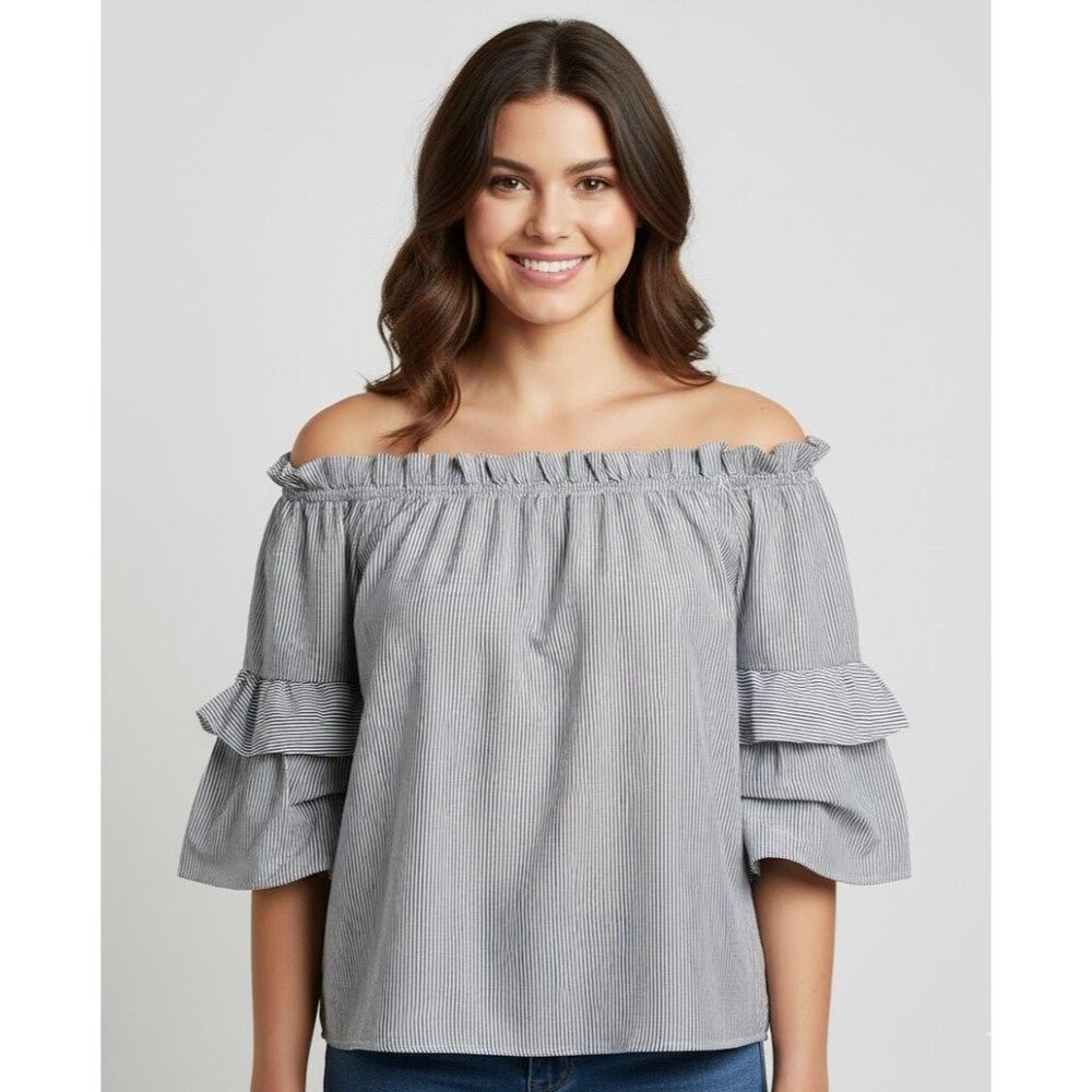 Hayden Off The Shoulder Top  Medium Gray White  Stripe 100% Cotton